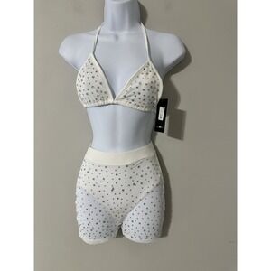 Sparkle Mesh Bikini Top Shorts Set Rhinestone Festival Rave Sunsuit XS